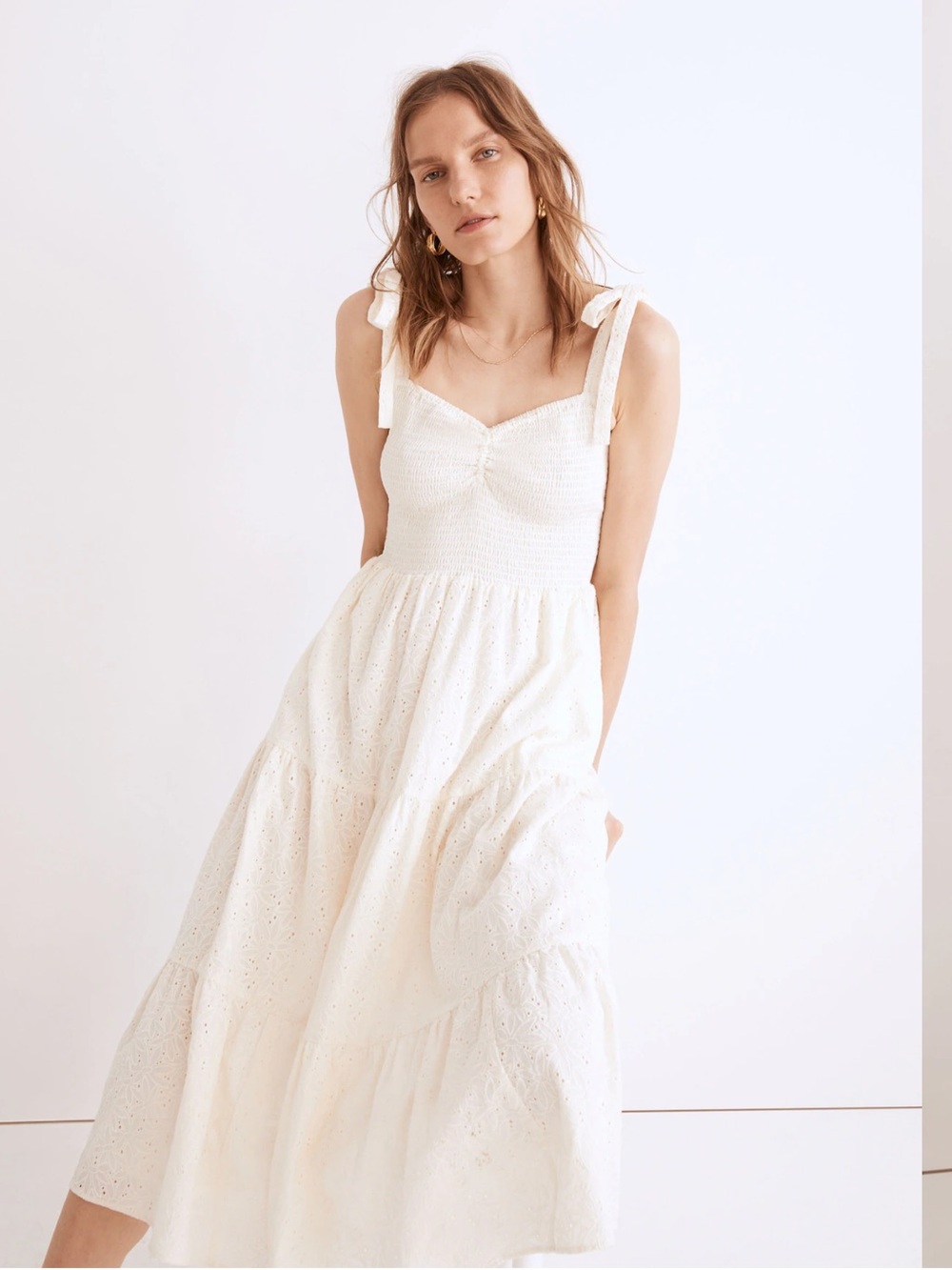 Madewell Eyelet Lucie Tie-Strap Tiered Midi Dress White Size S - Retail $138 - B